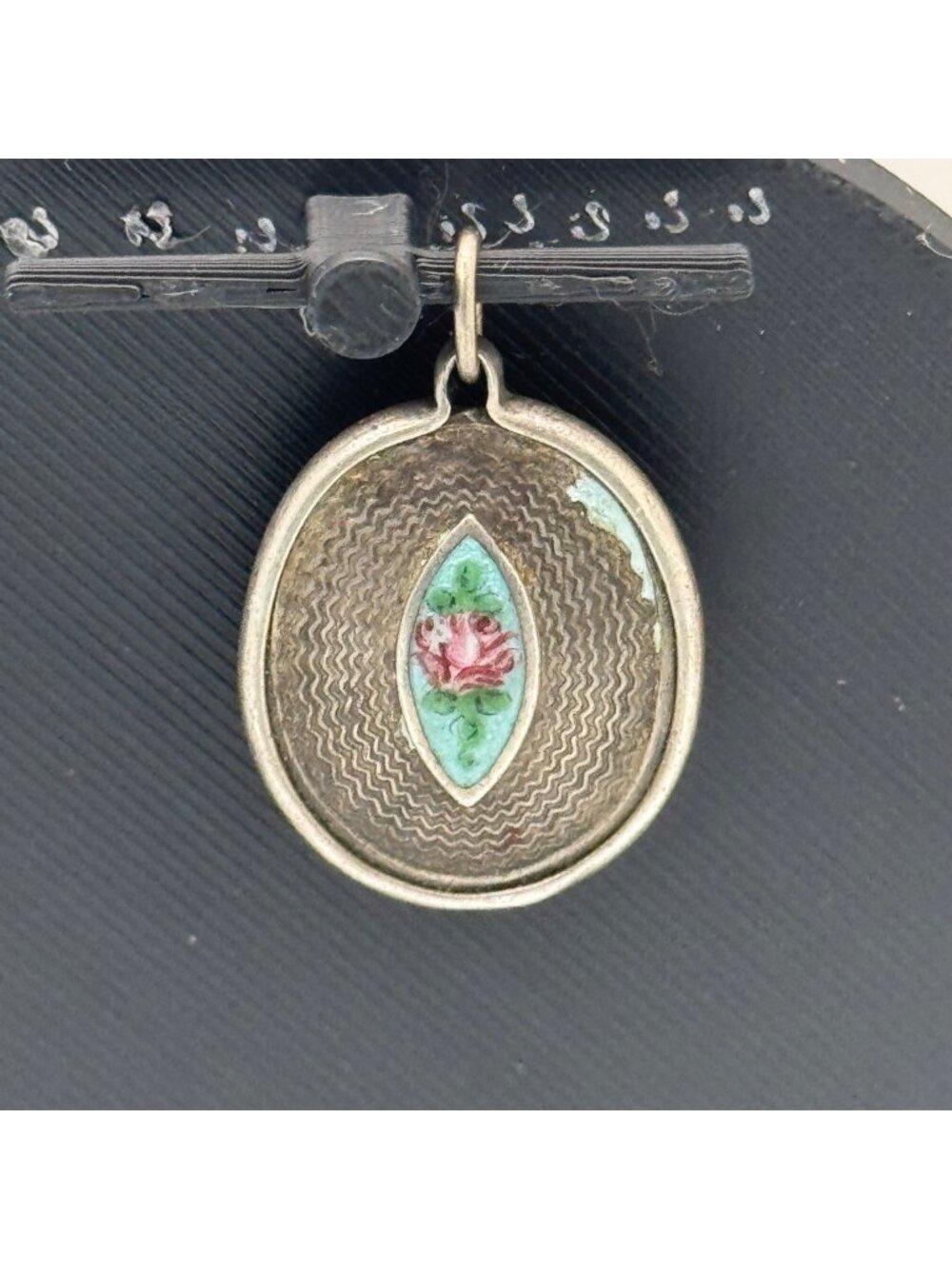Guilloche Antique Virgin Mary Pendant Sterling enamel back religious Medal Charm